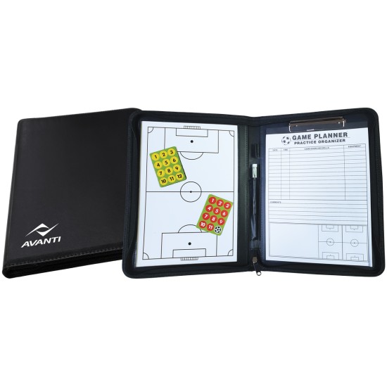 Zippered Soccer Coaching Planner with dry-erase board and soccer field diagram.