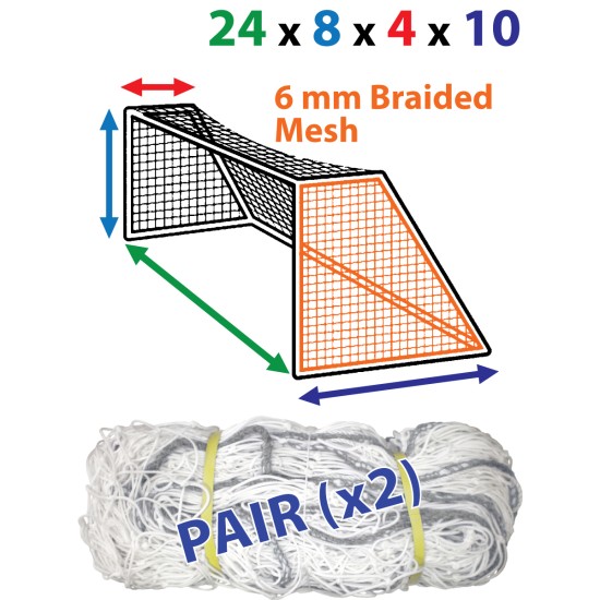 High-quality 24 x 8 (x 4 x 10) 6mm White Professional Nets with durable braided polyethylene.