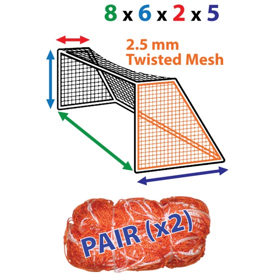High-quality 8 x 6 (x 2 x 5) 2.5mm Twisted Nets for soccer goals.