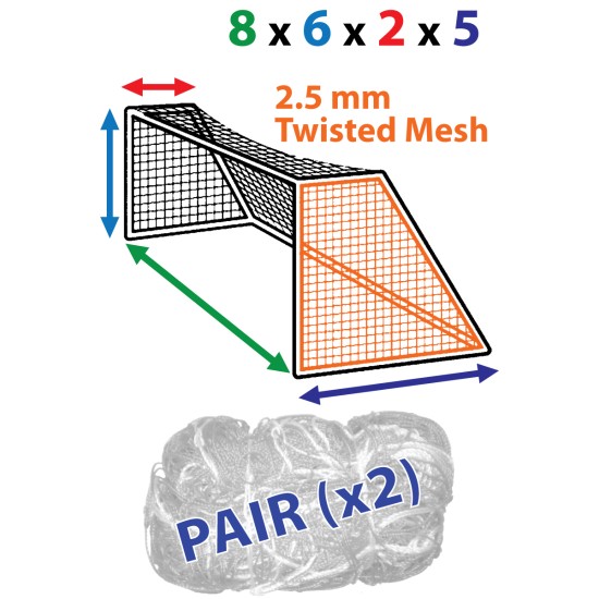 High-quality 8 x 6 (x 2 x 5) 2.5mm Twisted Nets for soccer goals.