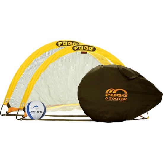 Portable Pugg 6 Foot PAIR Soccer Goals with carrying bags and anchoring pegs.