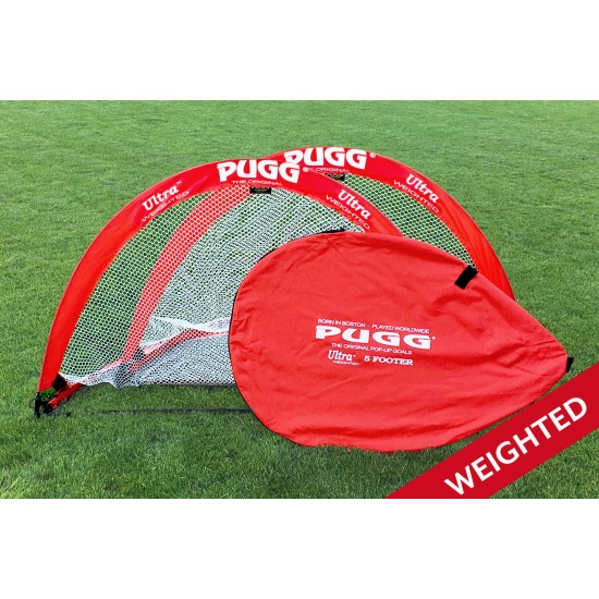 Weighted Pugg 5 Foot PAIR Soccer Goals with carrying bags and anchoring pegs.