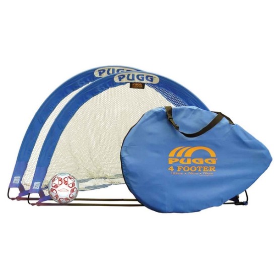 Portable Pugg 4 Foot PAIR Soccer Goals with carrying bags and anchoring pegs.