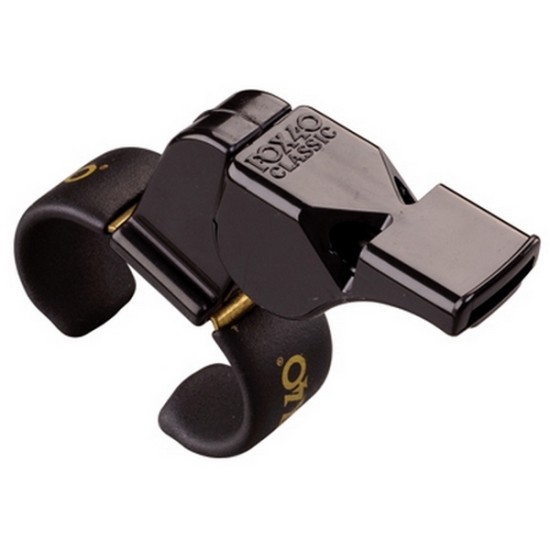 Fox 40 whistle with finger grip for comfortable handling, perfect for sports referees and coaches.