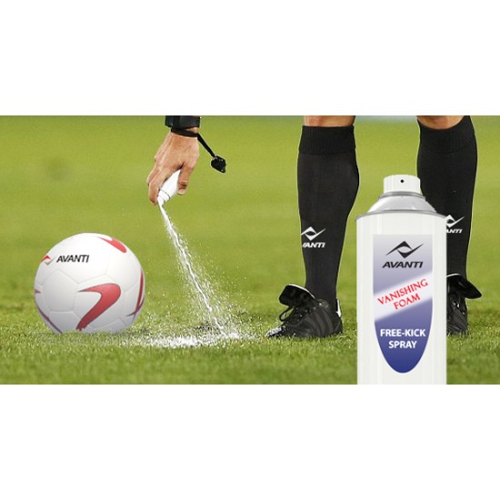 Free kick vanishing spray in a convenient 4 oz aerosol can for professional referees, designed to disappear quickly.