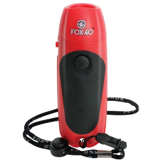 Fox 40 Electronic Whistle with 4-switch, three-tone functions, hygienic design, and 100dB sound ideal for multiple users.