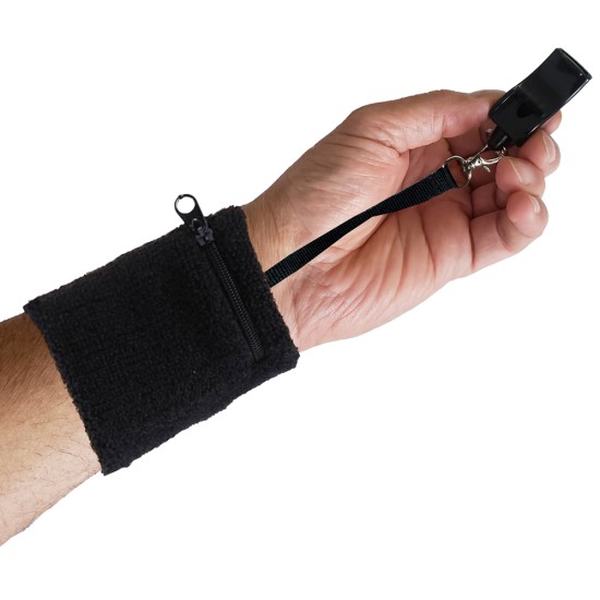 Referee wrist sweatband made from soft terry-cloth with a whistle holder and zippered pouch for coin storage, designed for comfort and utility.