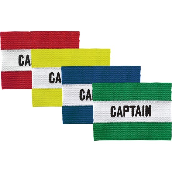 Captain\'s arm band with durable stretch fabric and Velcro closure, available in red, royal, yellow, and kelly colors, suitable for junior and senior sizes.